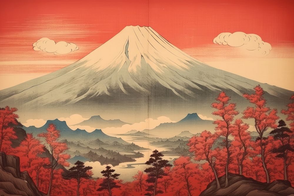 Traditional japanese mountain fuji outdoors painting volcano.