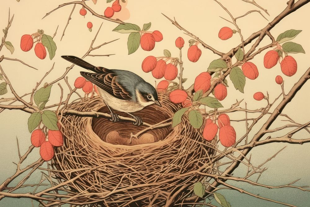 PNG Traditional japanese nest painting animal bird.