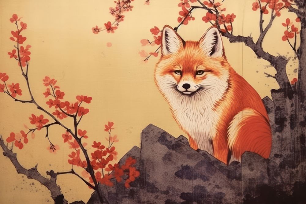 Traditional japanese red fox painting animal mammal.
