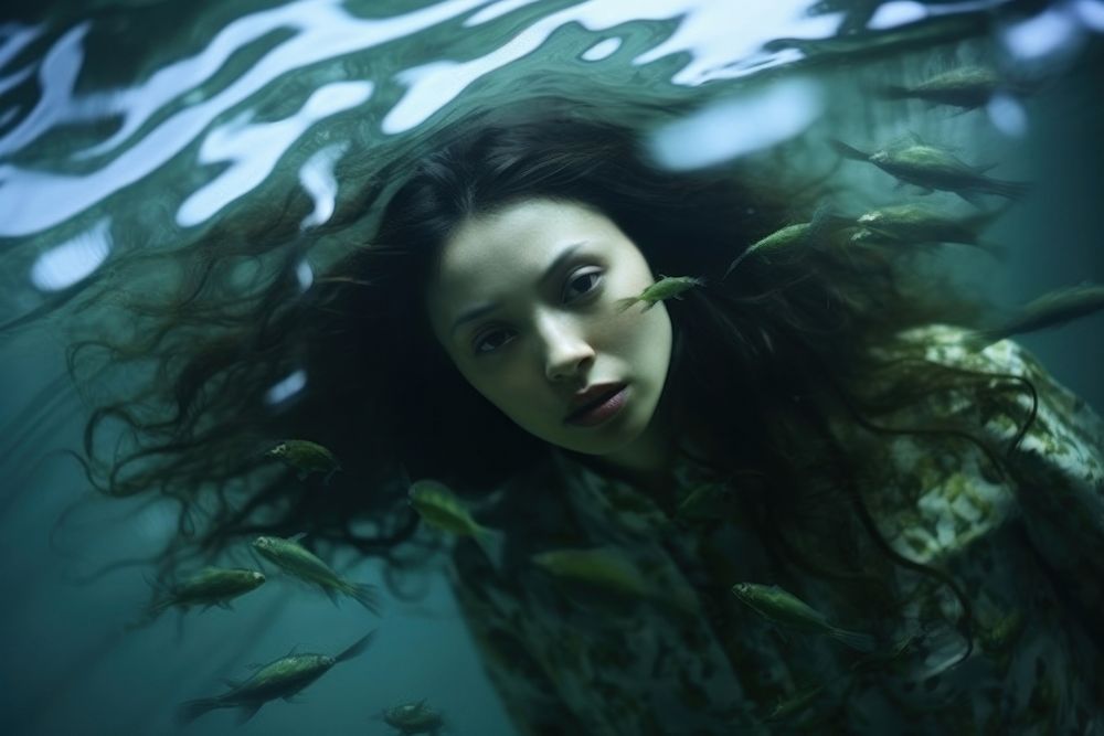 Underwater photo of asia woman swimming portrait nature.