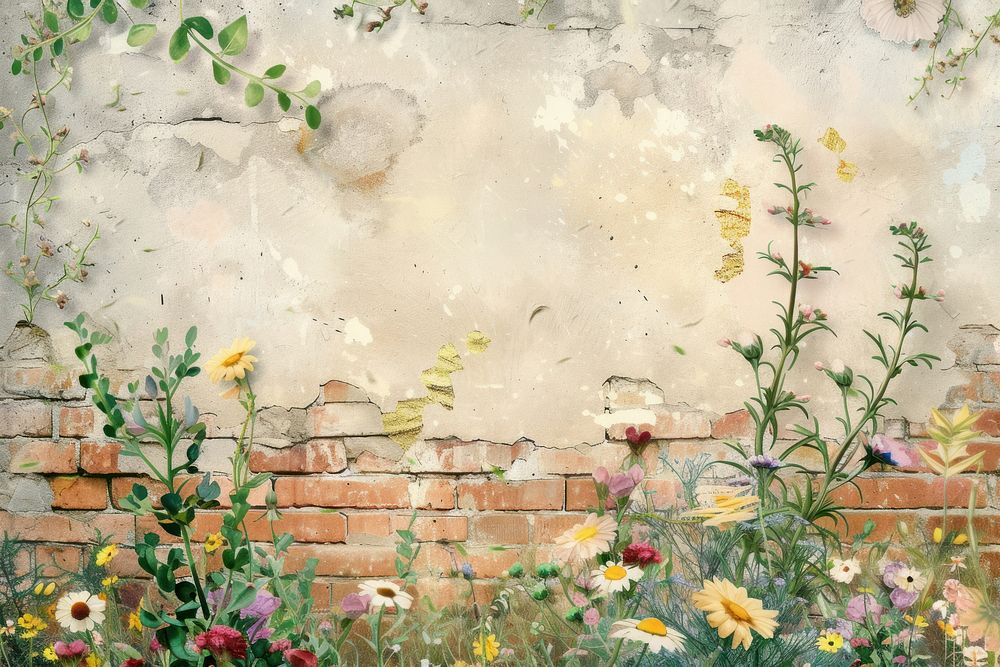 Wildflower and Wall watercolor background brick wall architecture.