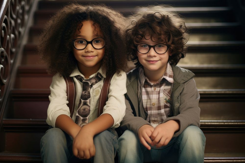 Two kids wearing glasses architecture portrait photo.