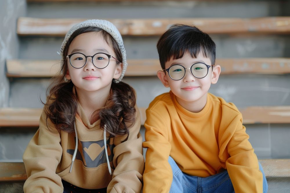 Two kids wearing glasses portrait child happy.