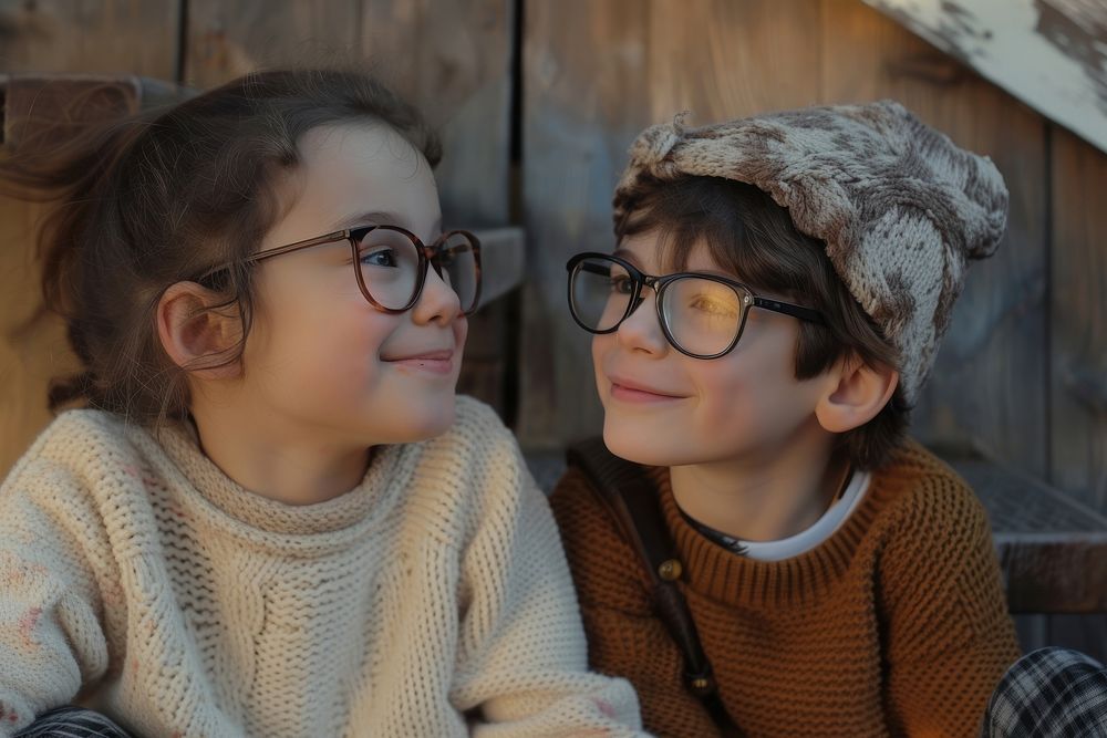 Two kids wearing glasses portrait sweater child.