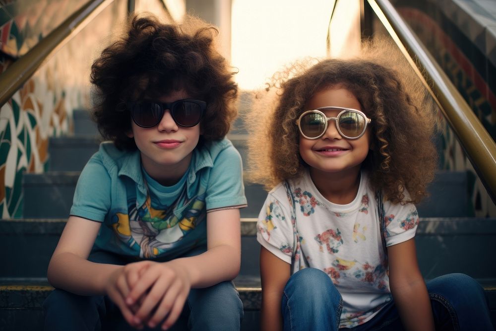 Two kids wearing glasses sunglasses portrait child.
