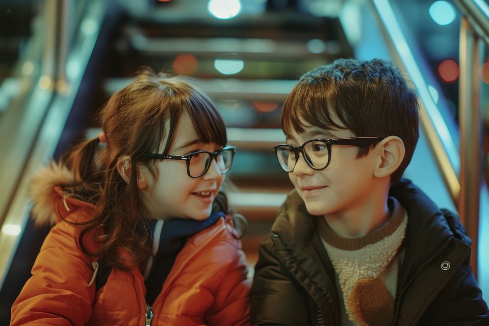 Two kids wearing glasses portrait happy photo.