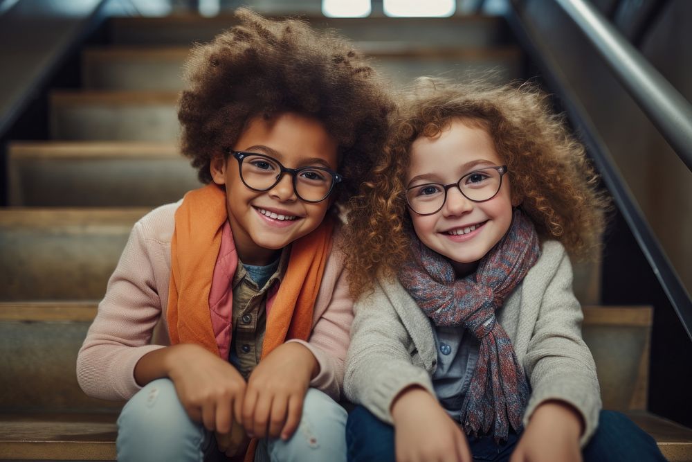 Two kids wearing glasses architecture staircase laughing.