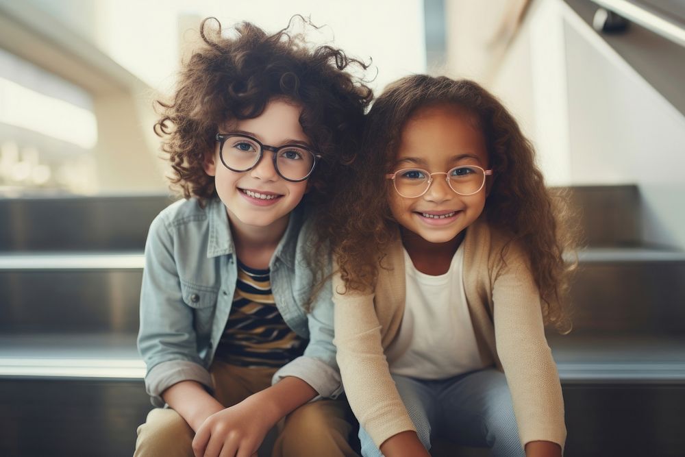 Two kids wearing glasses smile happy togetherness.