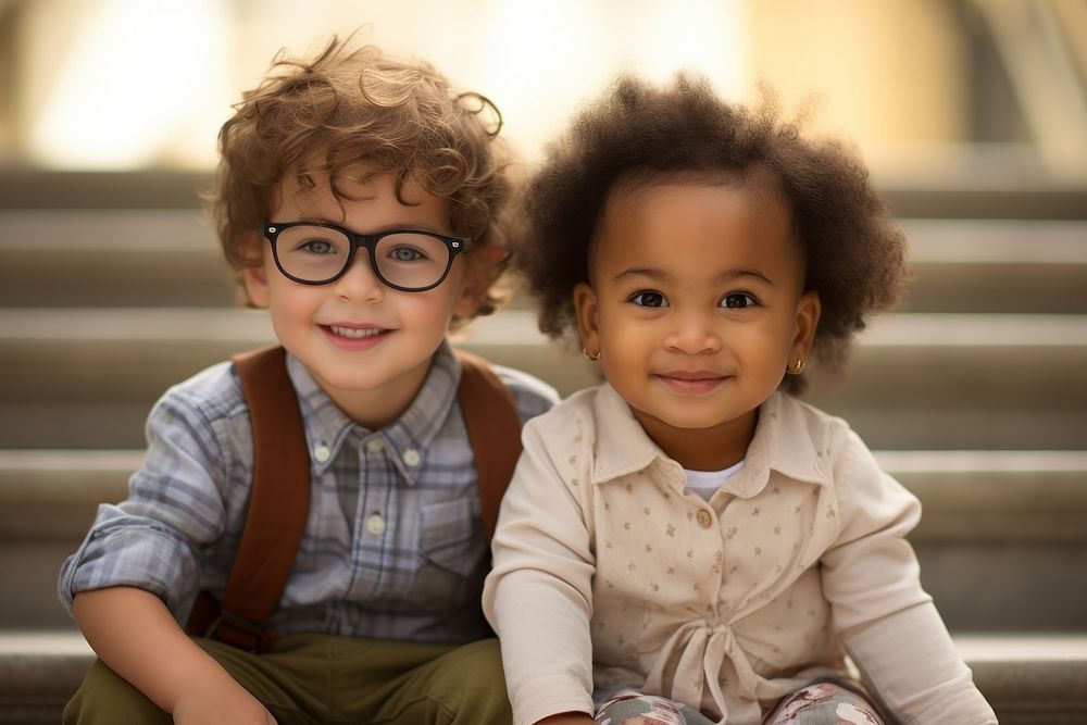 Two kids wearing glasses portrait child smile.