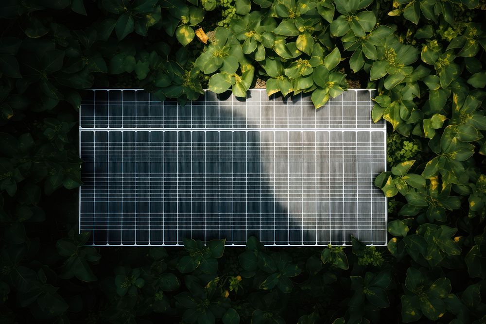 Aerial top down view of solar panel outdoors plant solar panels.