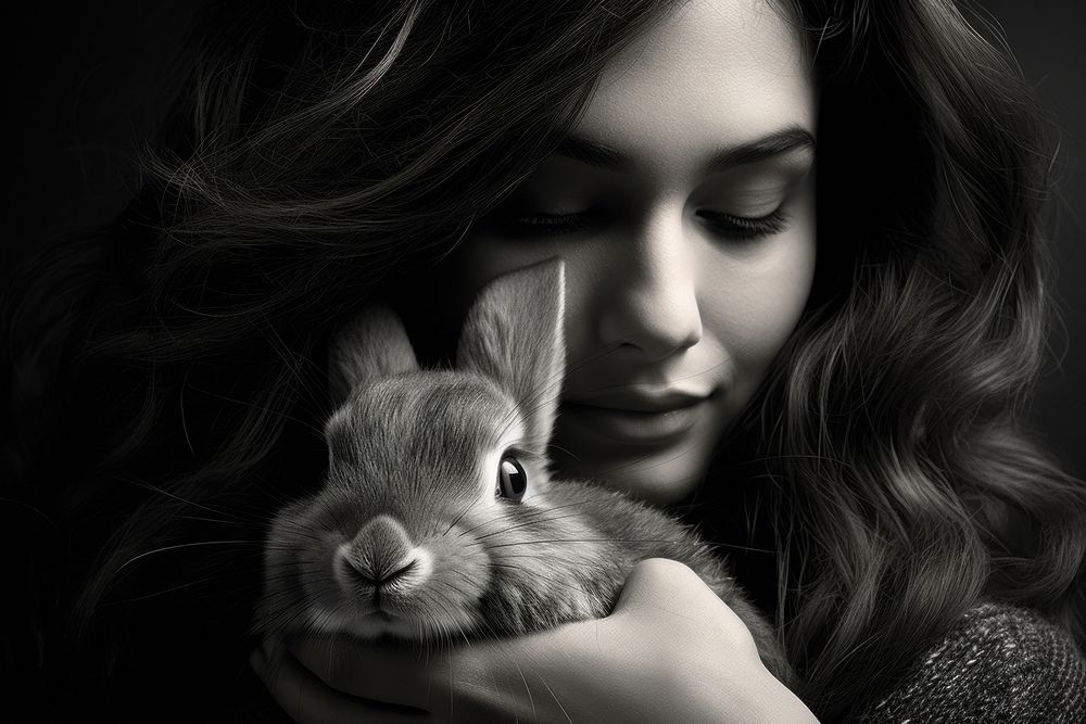 Person hugging a rabbit portrait mammal animal.