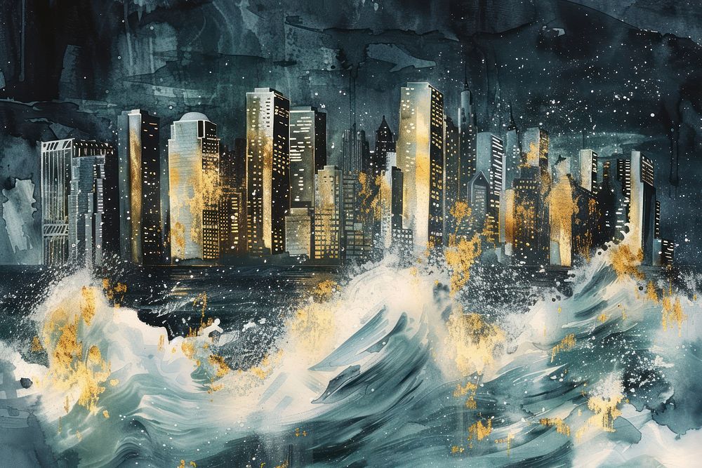 City and Wave watercolor background city sea outdoors.