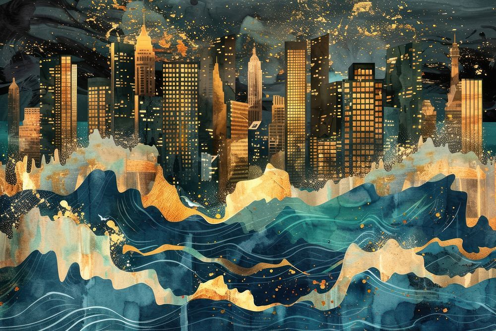 City and Wave watercolor background city architecture backgrounds.