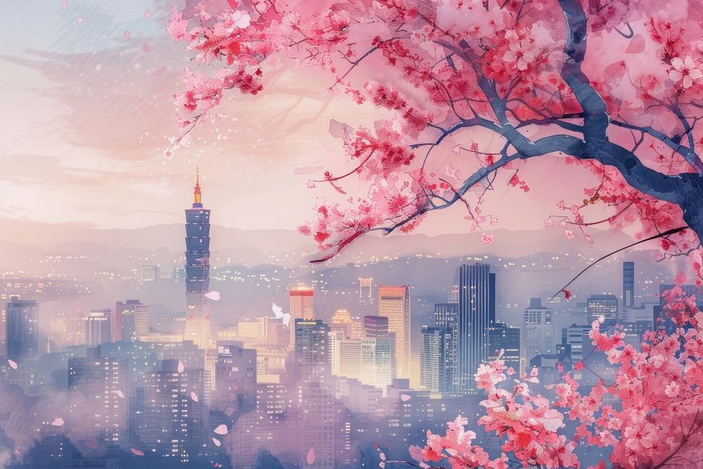 Cityscape with Cherry Blossoms watercolor background architecture cityscape blossom.