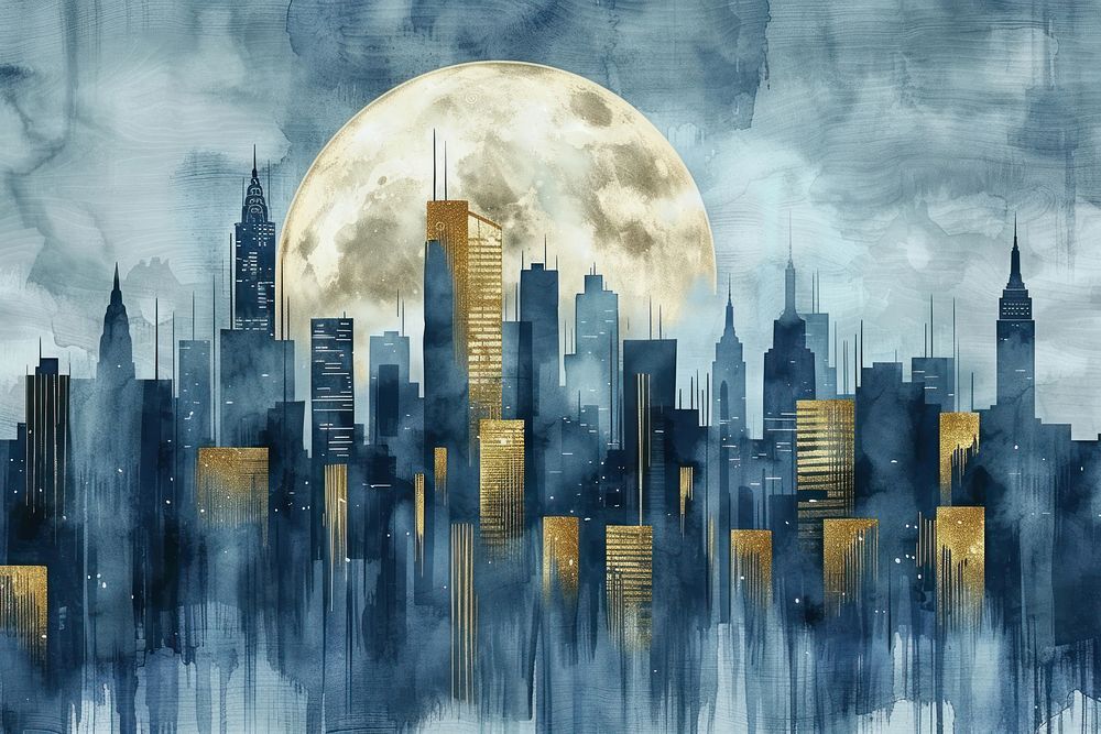Cityscape with moon watercolor background cityscape building night.