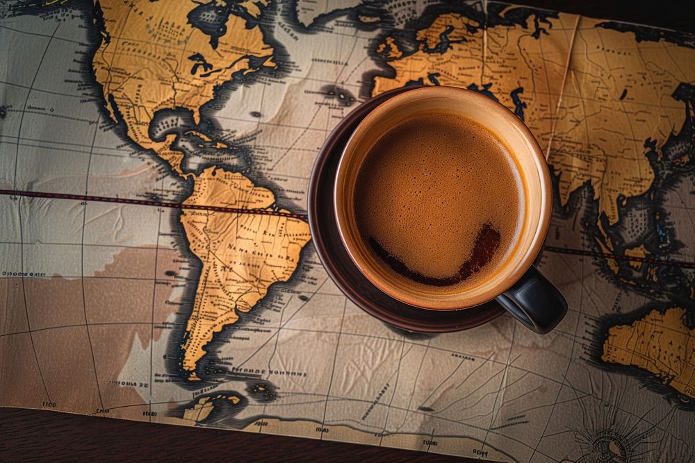 Black coffee on world map table drink cup.