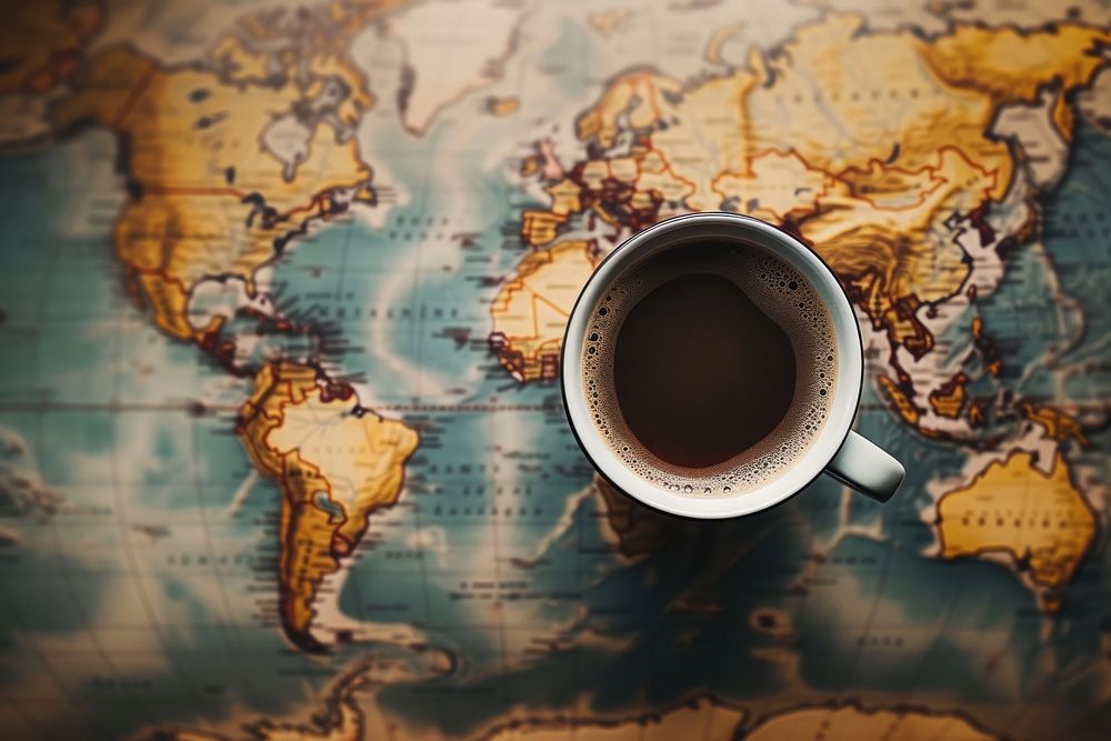 Black coffee on world map table drink space.