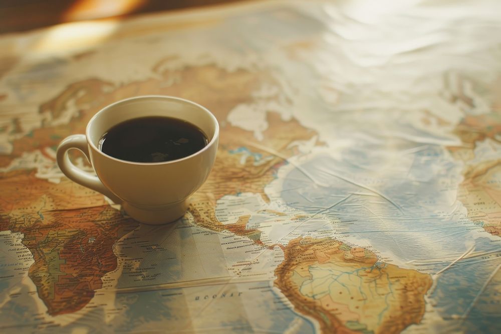 Black coffee on world map table drink cup.