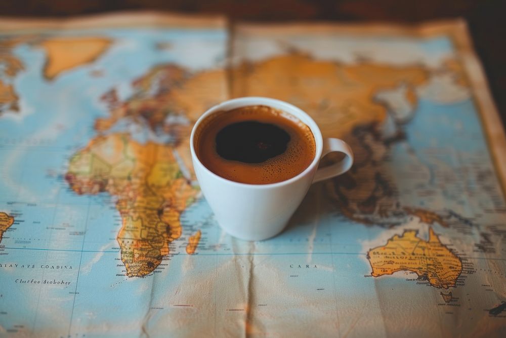 Black coffee on world map drink table cup.