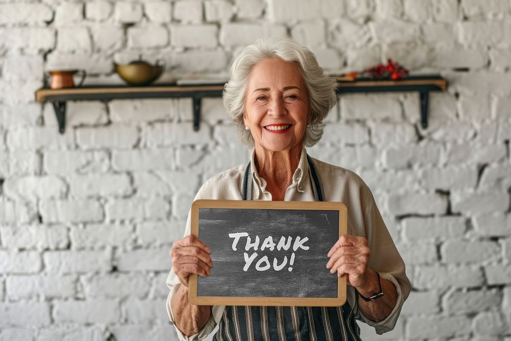 Old woman holding thank you sign