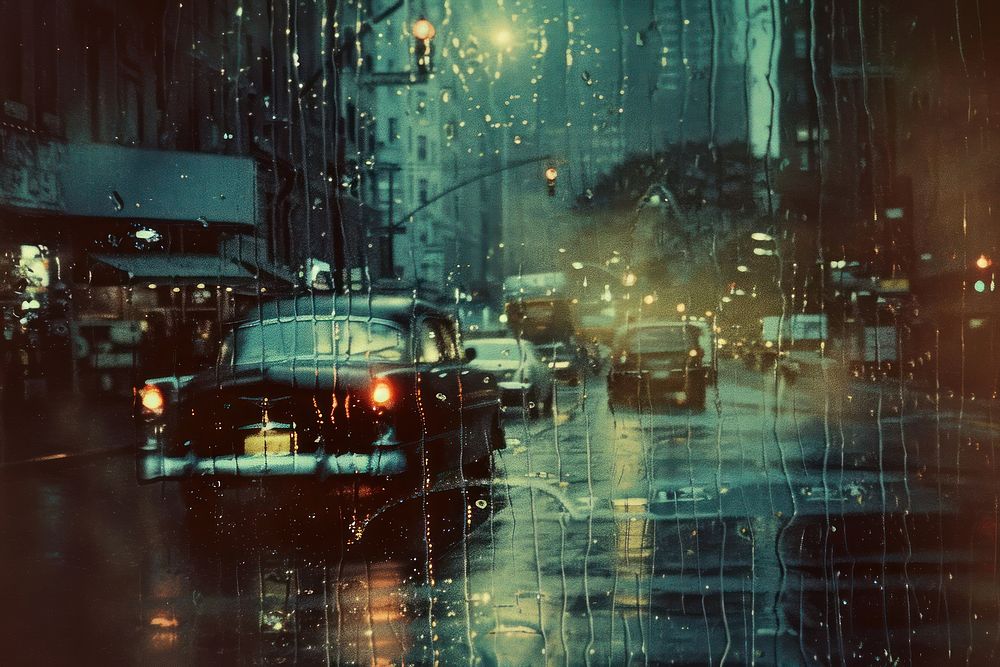 Rainy on road vehicle street light.