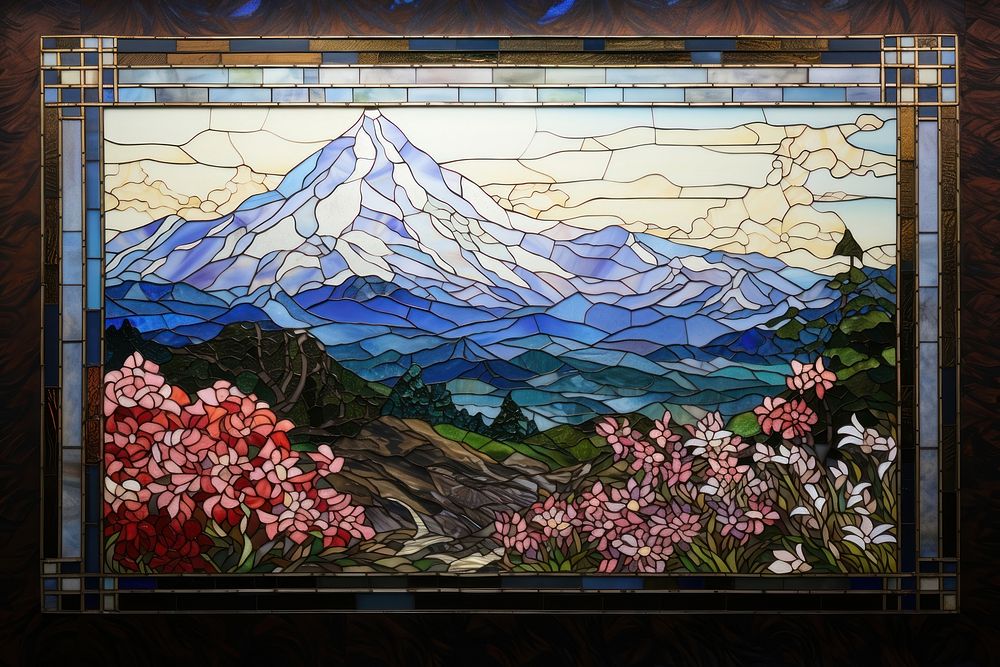 Mountain and peony pattern mosaic art painting glass.