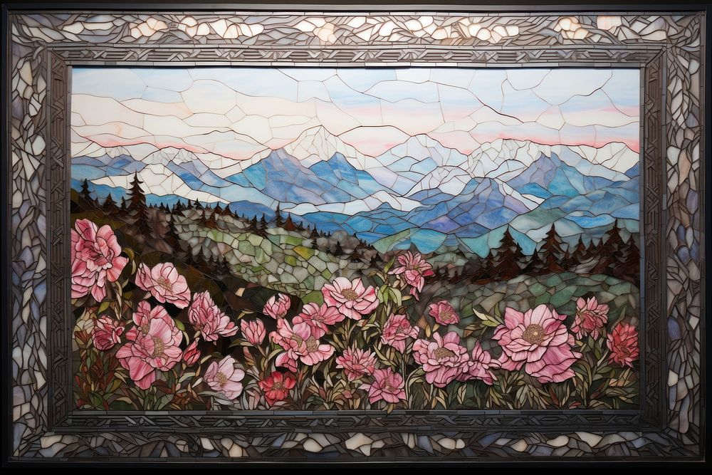Mountain and peony pattern mosaic art painting craft.