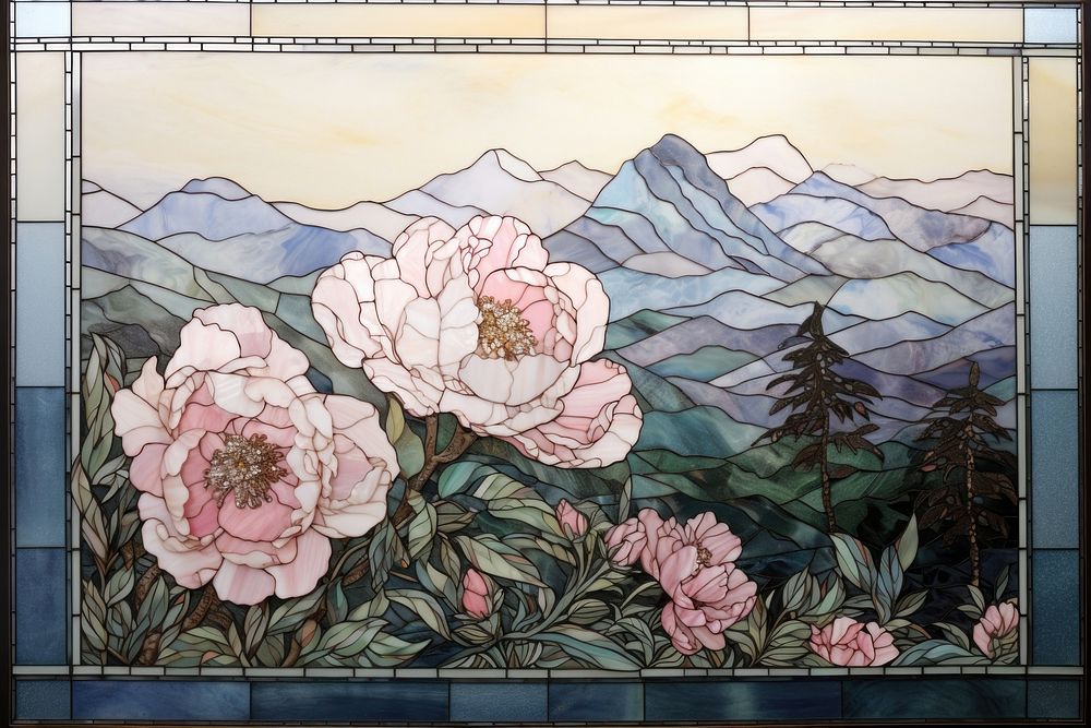 Mountain and peony pattern mosaic art painting flower.