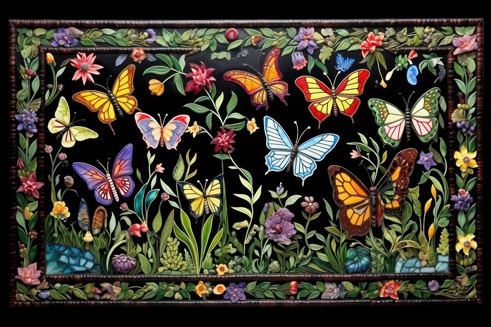 Butterflys and botanical pattern mosaic art tapestry craft.