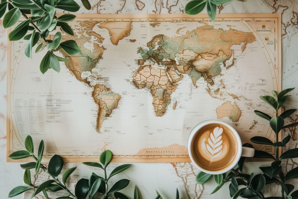 Coffee cup on world map cappuccino beverage travel.
