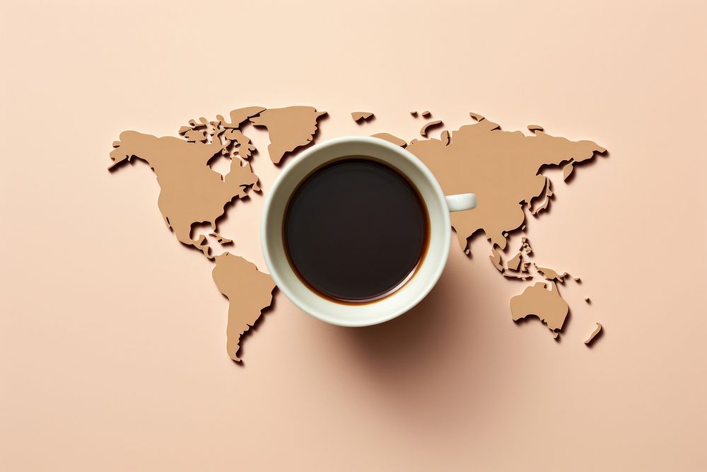 Coffee cup on world map drink mug refreshment.