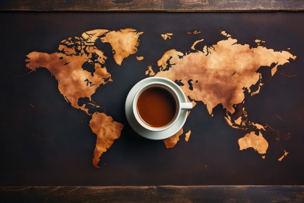 Coffee on world map drink cup mug.