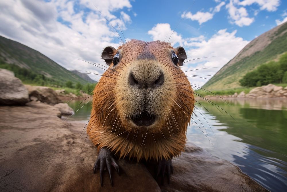 Capybara eat looking up at camera animal wildlife outdoors.