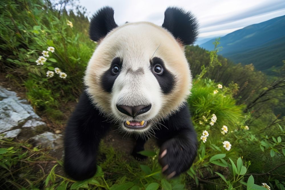 Giant panda looking up at camera animal wildlife outdoors.