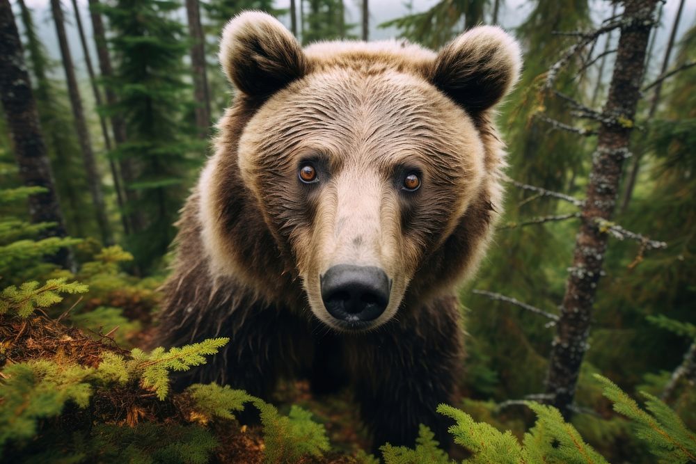 Grizzly bear looking up at camera animal wildlife outdoors.