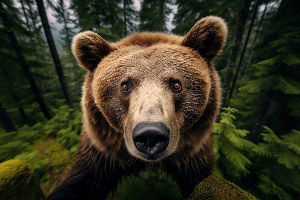 Grizzly bear looking up at camera animal wildlife mammal.