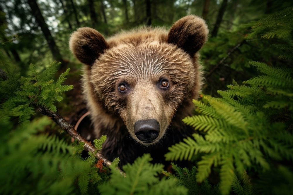 Grizzly bear looking up at camera animal wildlife outdoors.