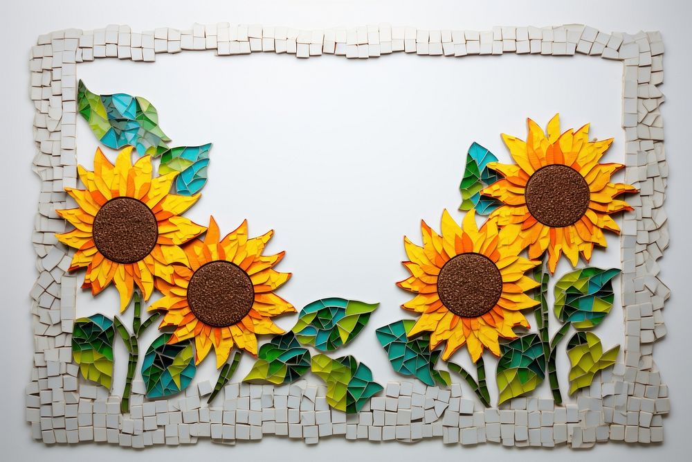 Mosaic sunflowers frame art plant inflorescence.