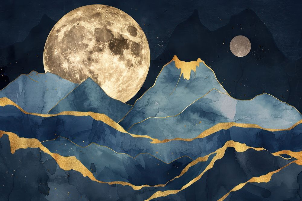 Mountain and Moon watercolor background nature moon astronomy.