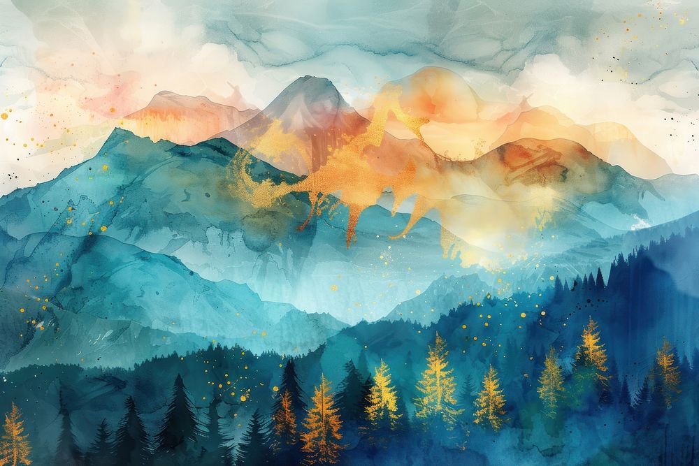 Mountain and Rainbow watercolor background landscape mountain nature.