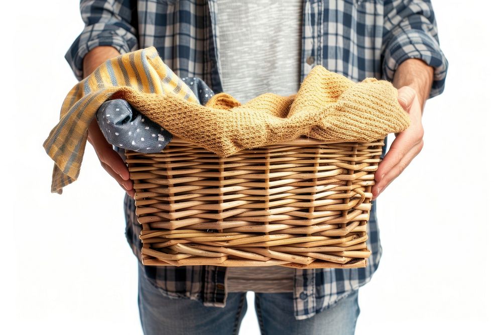 Person holding laundry basket white background midsection harvesting.