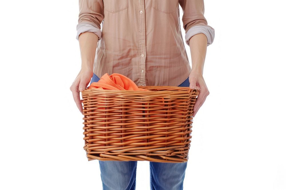 Person holding laundry basket white background midsection container.