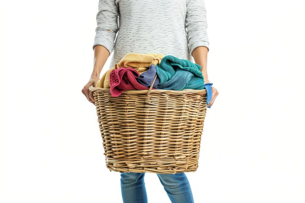 Person holding laundry basket adult white background midsection.