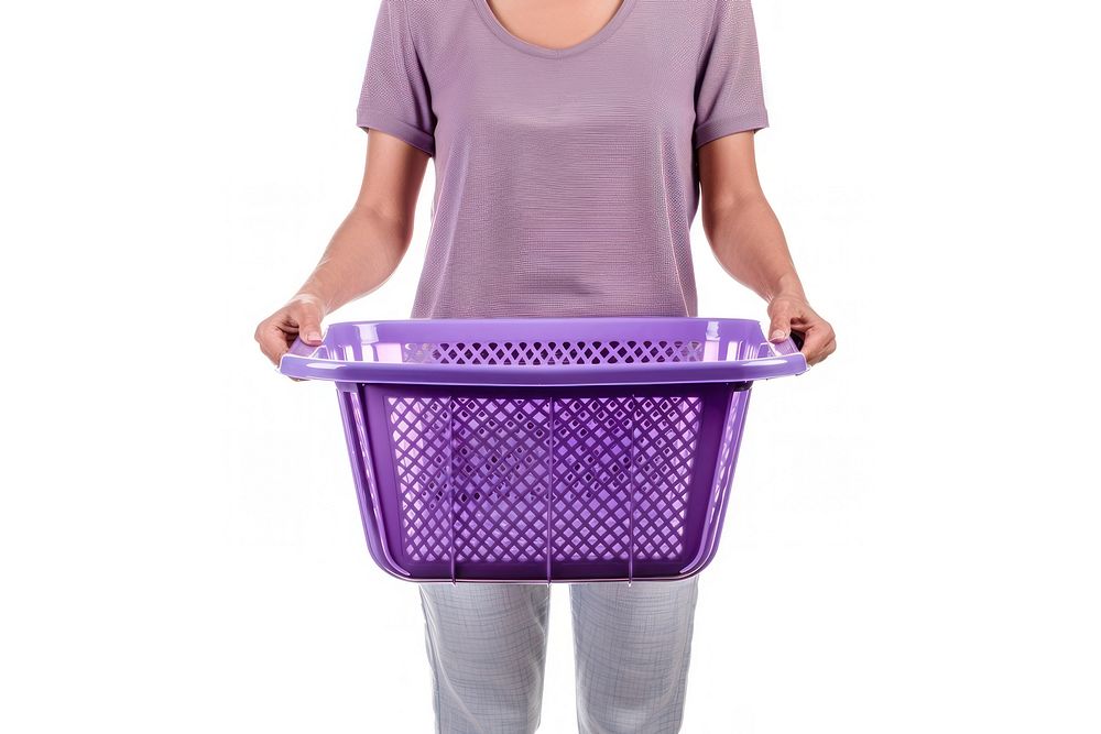Person holding laundry basket white background consumerism midsection.
