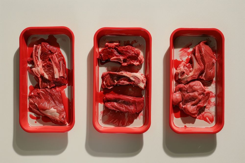 Three trays of food trays with meat beef red freshness.