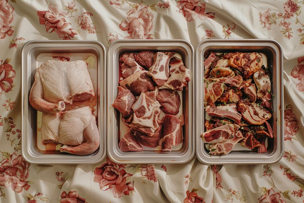 Three trays of food trays with meat container freshness mutton.