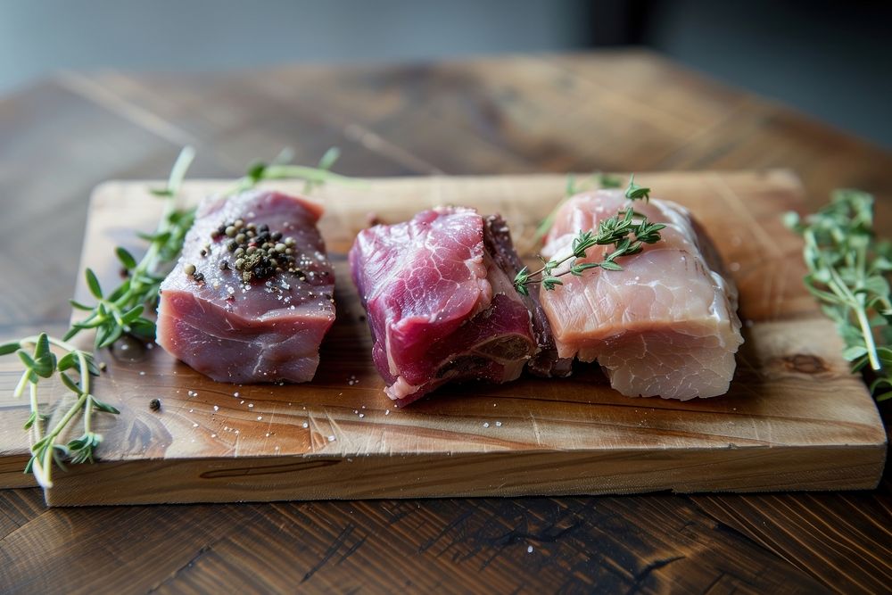Meat sitting on a wooden board beef food pork.