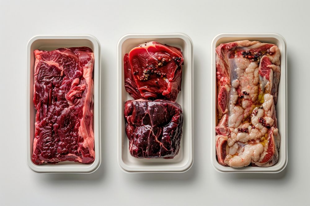 Three different types of meat in containers food beef pork.