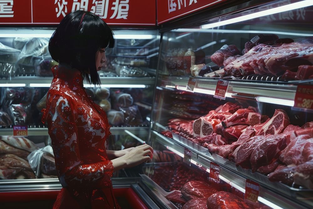Checking different types of meat store adult woman.