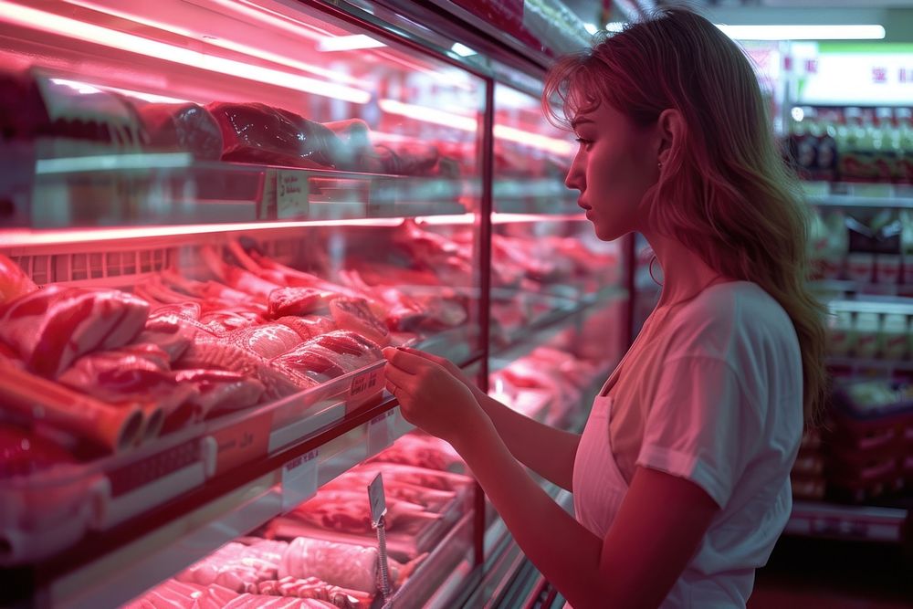 Checking different types of meat adult store woman.